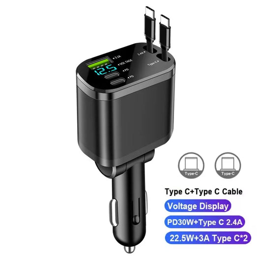 NEW Upgraded Retractable Car Charger 5 in 1, 69W Fast Charging PD30W+2.4A Voltage Display Dual Cables for iPhone & Android