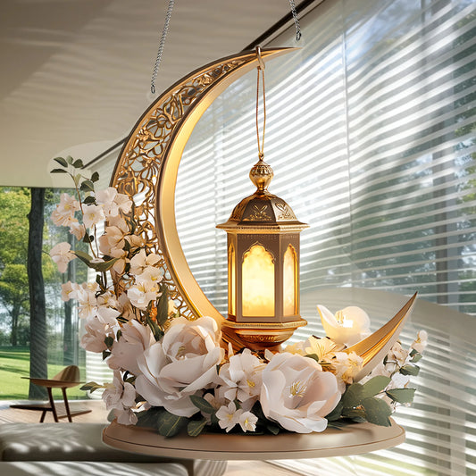 1Pcs Ramadan Golden Moon Hanging Decoration with Lighted Lantern Floral Decoration