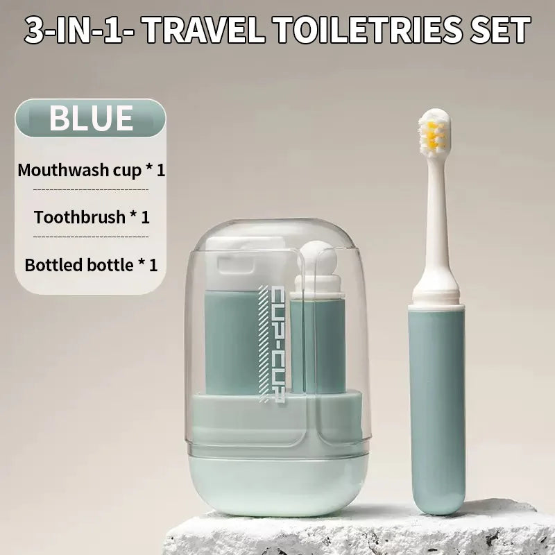 Toothbrush travel container travel grooming set - including toothbrush, mouthwash cup, and dispensing bottle - essential for tra