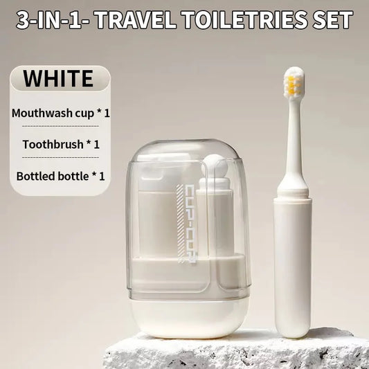 Toothbrush travel container travel grooming set - including toothbrush, mouthwash cup, and dispensing bottle - essential for tra