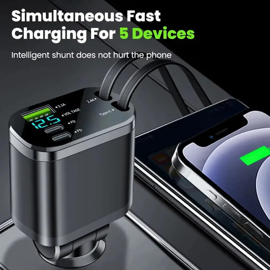 NEW Upgraded Retractable Car Charger 5 in 1, 69W Fast Charging PD30W+2.4A Voltage Display Dual Cables for iPhone & Android