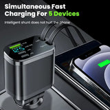 NEW Upgraded Retractable Car Charger 5 in 1, 69W Fast Charging PD30W+2.4A Voltage Display Dual Cables for iPhone & Android
