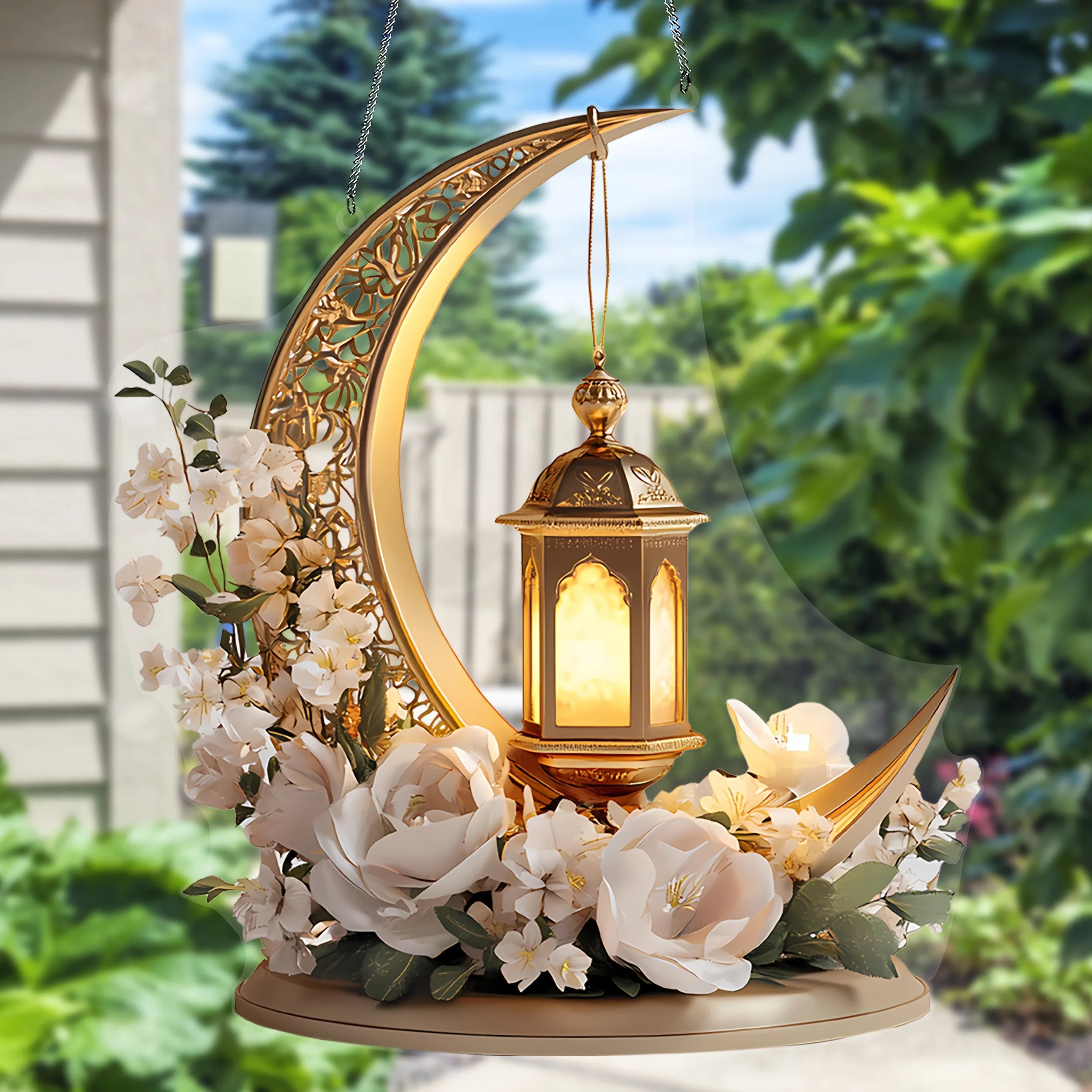 1Pcs Ramadan Golden Moon Hanging Decoration with Lighted Lantern Floral Decoration
