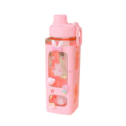 700ml/900ml Kawaii Shaker Water Bottle With Straw Sticker Cute BPA Free Plastic Tea Milk Portable Gourde Drink Bottle For Girl