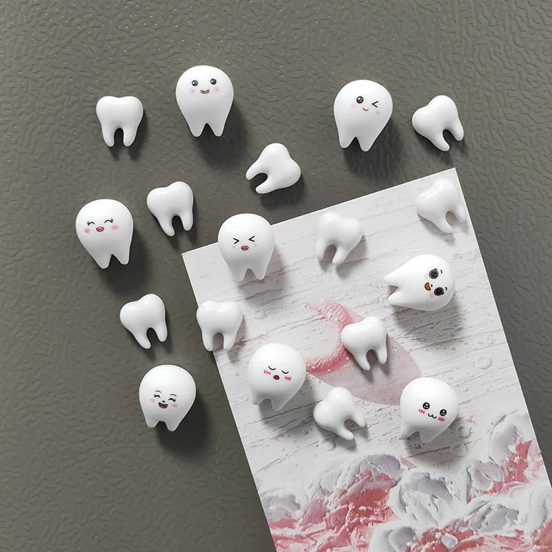 Cute White Tooth Shape Expression Resin Fridge Magnet Dental Health Themed Magnetic Home Office Decoration