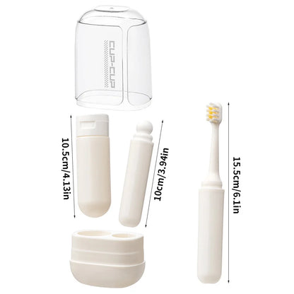 Toothbrush travel container travel grooming set - including toothbrush, mouthwash cup, and dispensing bottle - essential for tra