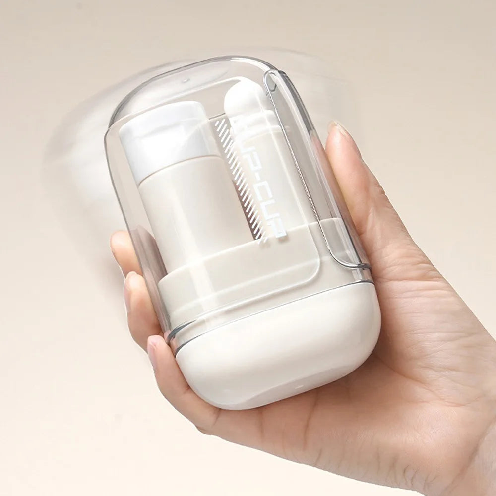 Toothbrush travel container travel grooming set - including toothbrush, mouthwash cup, and dispensing bottle - essential for tra