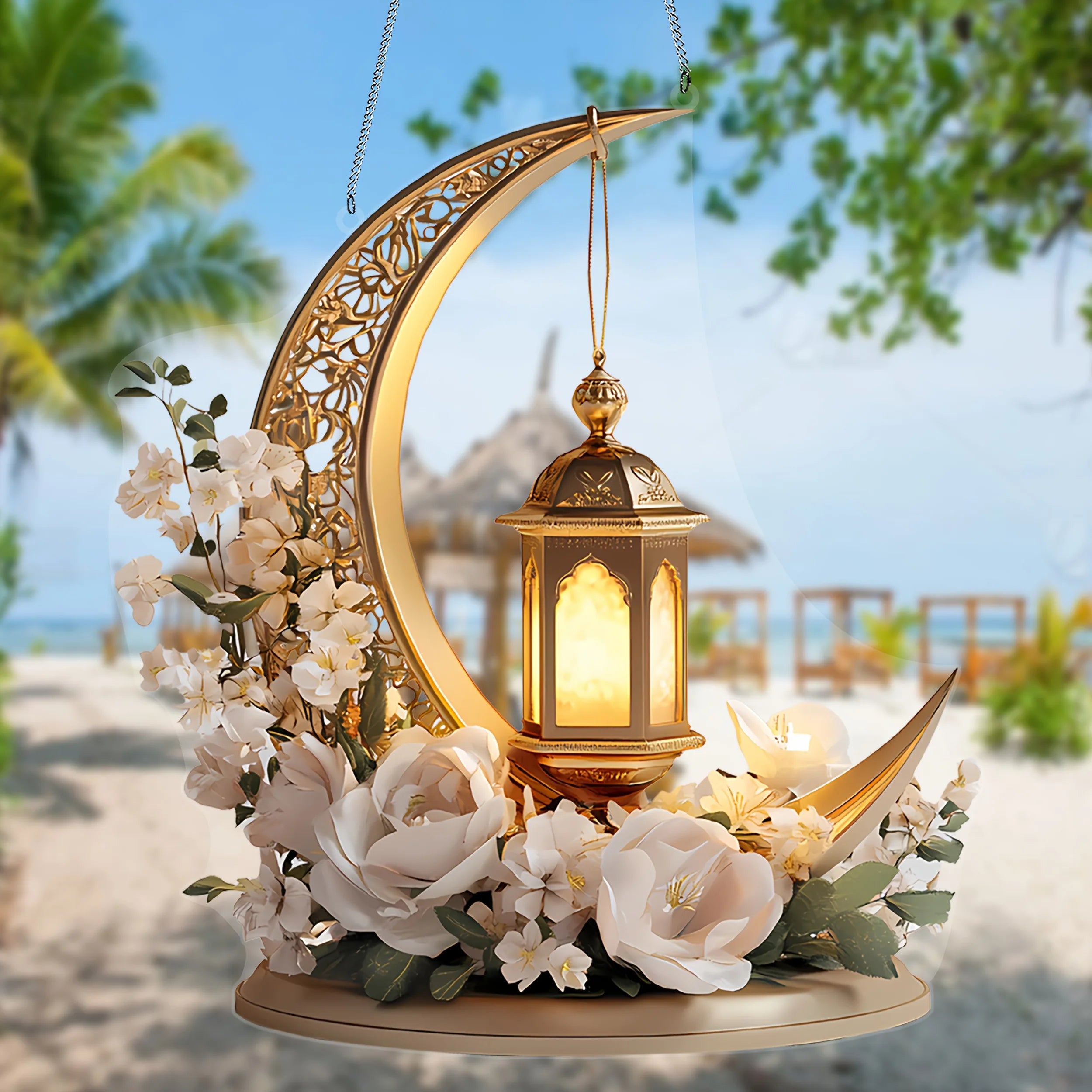 1Pcs Ramadan Golden Moon Hanging Decoration with Lighted Lantern Floral Decoration