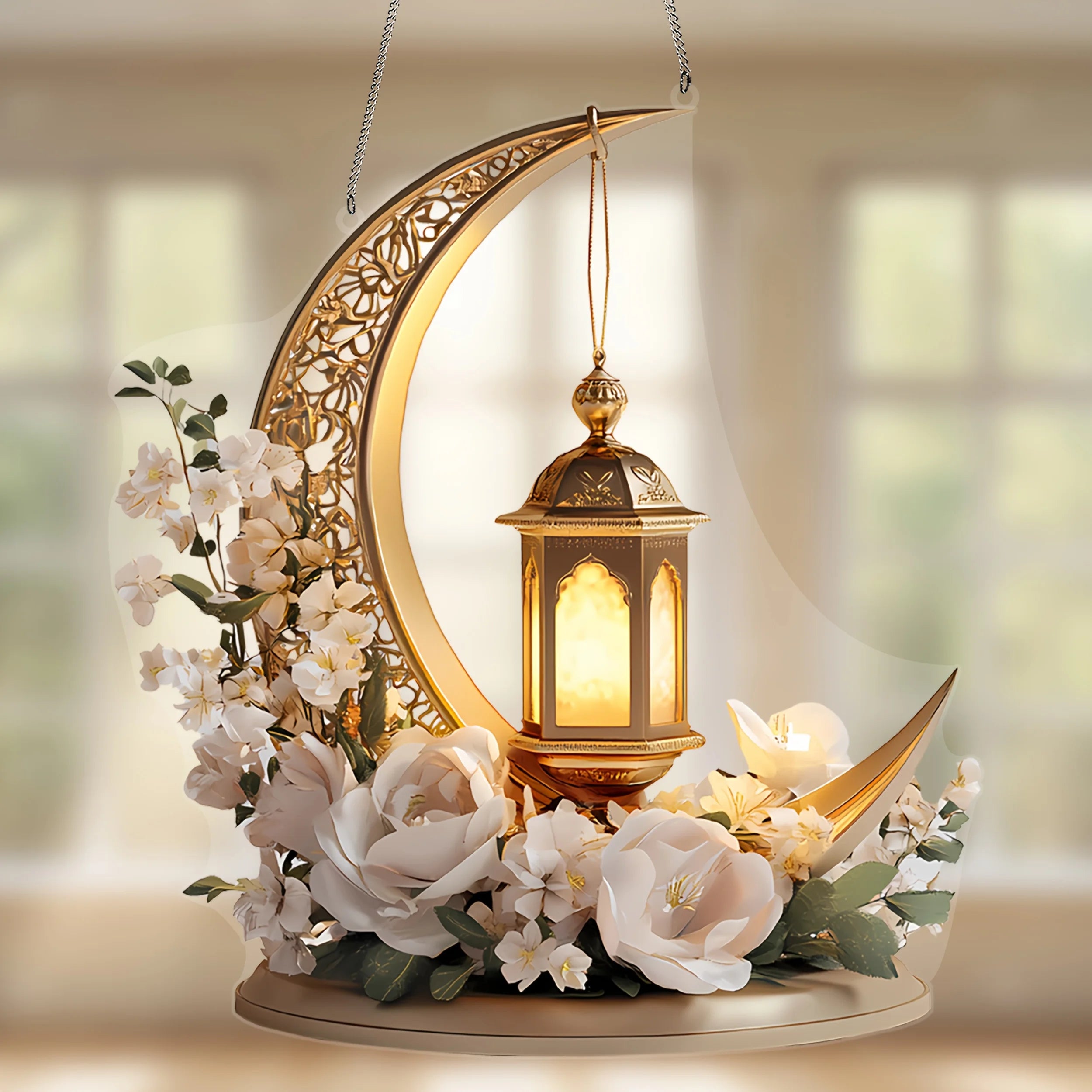 1Pcs Ramadan Golden Moon Hanging Decoration with Lighted Lantern Floral Decoration