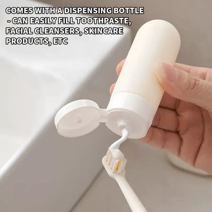 Toothbrush travel container travel grooming set - including toothbrush, mouthwash cup, and dispensing bottle - essential for tra