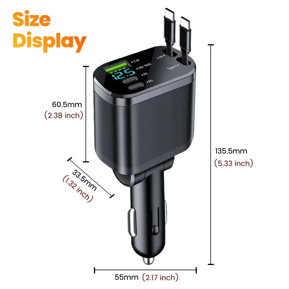 NEW Upgraded Retractable Car Charger 5 in 1, 69W Fast Charging PD30W+2.4A Voltage Display Dual Cables for iPhone & Android