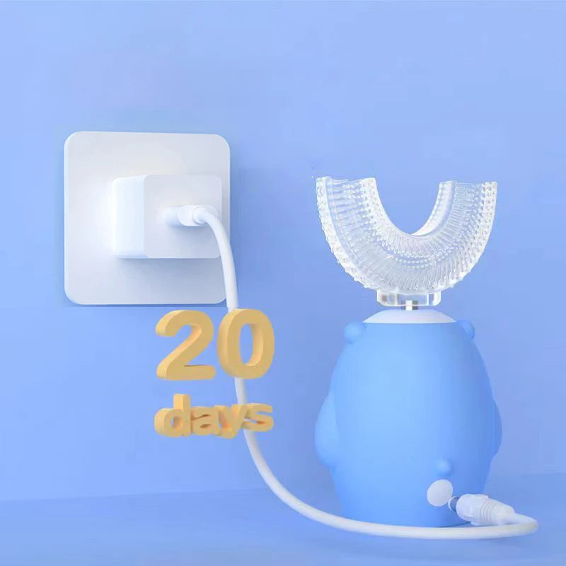 فرشاة أسنان كهربائية سونيك للأطفال بزاوية 360 درجة، على شكل حرف U، مصنوعة من السيليكون، أوتوماتيكية، مزودة بمؤقت ذكي، قابلة لإعادة الشحن، بإضاءة زرقاء، مقاومة للماء بمعيار IPX7