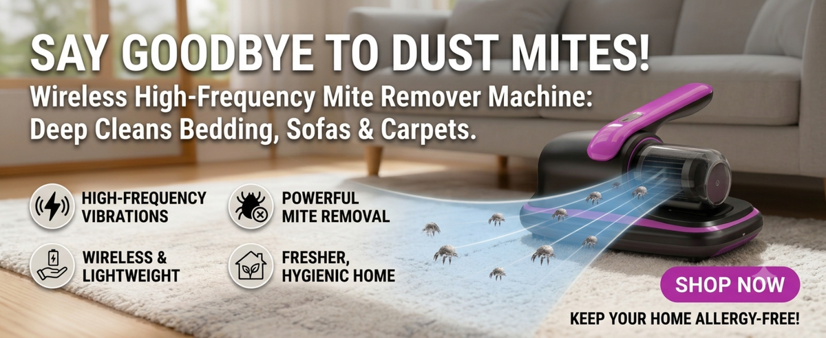 A wireless high-frequency dustmite remover machine in black and purple, shown cleaning a light-colored carpet in a living room setting. The graphic includes text highlighting its features: high-frequency vibrations, powerful mite removal, wireless and lightweight design, and a fresh, hygienic home.