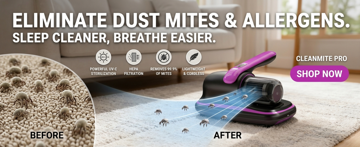 A vacuum cleaner with a purple handle is shown cleaning a light-colored rug in a living room setting, with text overlays promoting dust mite and allergen removal. A before-and-after inset shows dust mites on carpet before and after vacuuming.